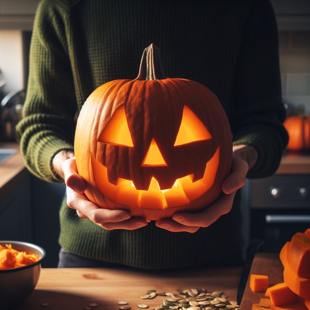 Person Holding a Carved Pumpkin