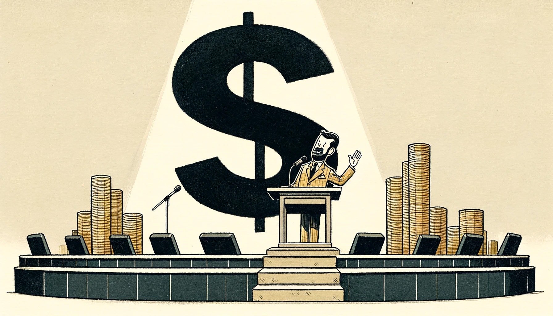 Drawing that captures the theme of the world's richest pastors, featuring a pastor preaching with a money sign in the background.