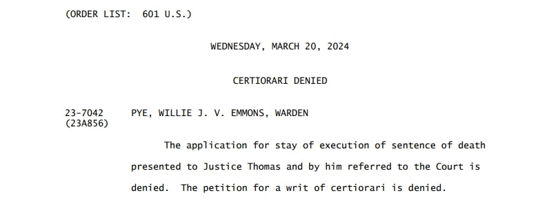 Rejection of Willie Pye ultimate legal challenges by US Supreme Court