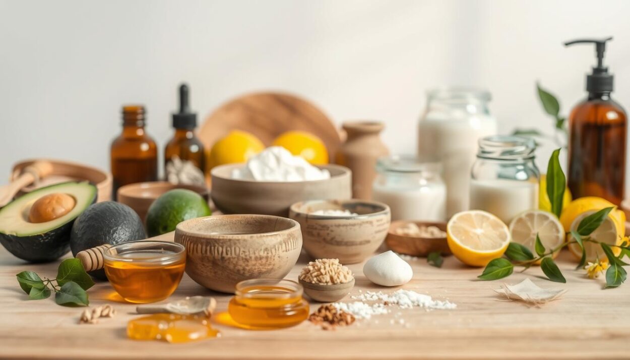 A beautifully lit table arranged with various homemade skincare ingredients and tools. In the foreground, an array of natural ingredients such as avocado, honey, lemon, and essential oils. In the middle ground, rustic ceramic bowls and jars containing homemade face mask recipes. The background features a clean, minimalist backdrop with soft, diffused lighting, creating a serene and inviting atmosphere. The composition emphasizes the handcrafted, natural, and DIY nature of the skincare recipes, inspiring the viewer to create their own nourishing face masks at home.