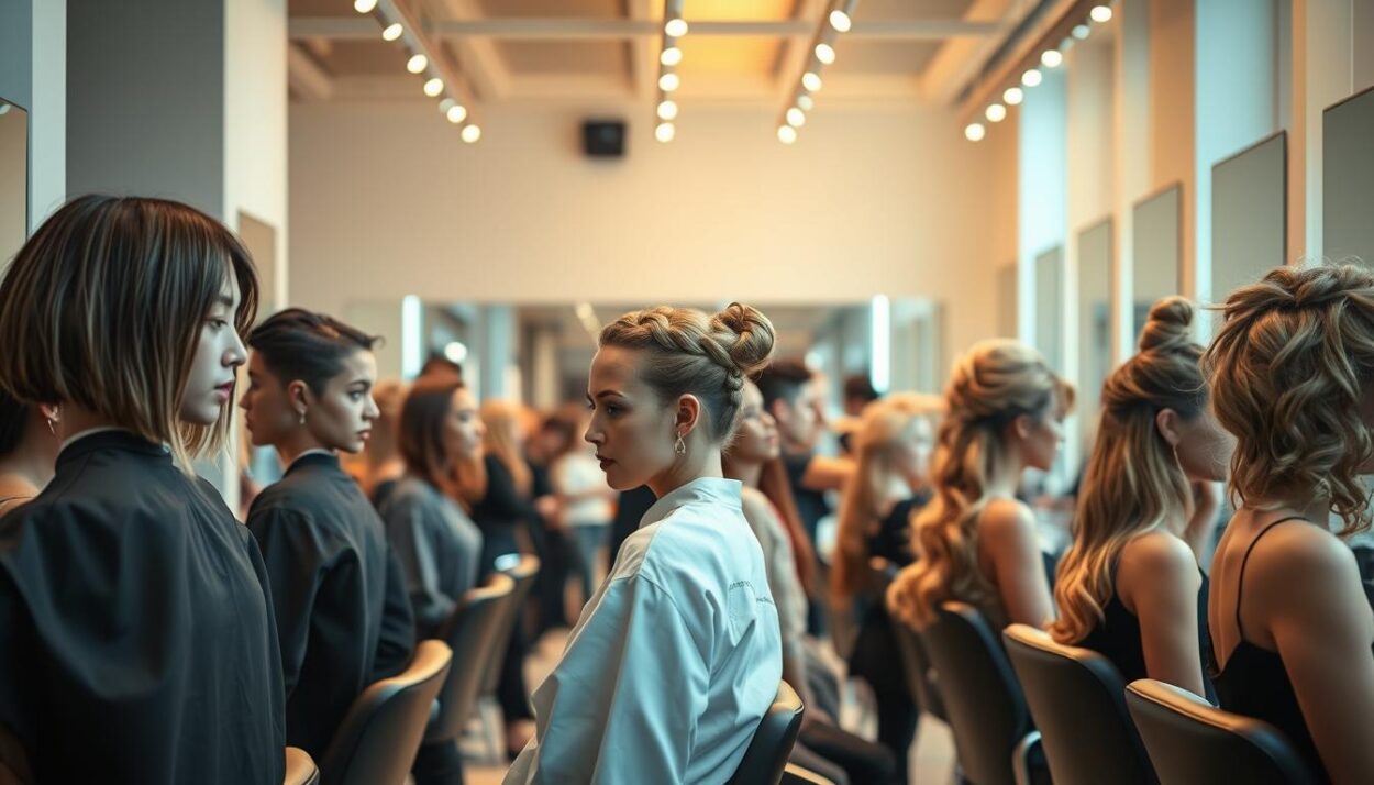 A chic and contemporary salon setting, with a team of talented stylists showcasing the most popular hairstyles for the year 2025. Immaculately lit with soft, warm lighting, the scene captures the elegance and creativity of the latest hair trends. In the foreground, models display a diverse array of styles, from sleek and modern bobs to intricate braided updos and volumized, textured waves. The middle ground features a mix of clients and stylists, each engaged in the process of transforming locks into works of art. The background subtly hints at the trends to come, with hints of futuristic elements and cutting-edge technology. The overall atmosphere exudes a sense of excitement and innovation, reflecting the dynamic and ever-evolving world of hairstyling.