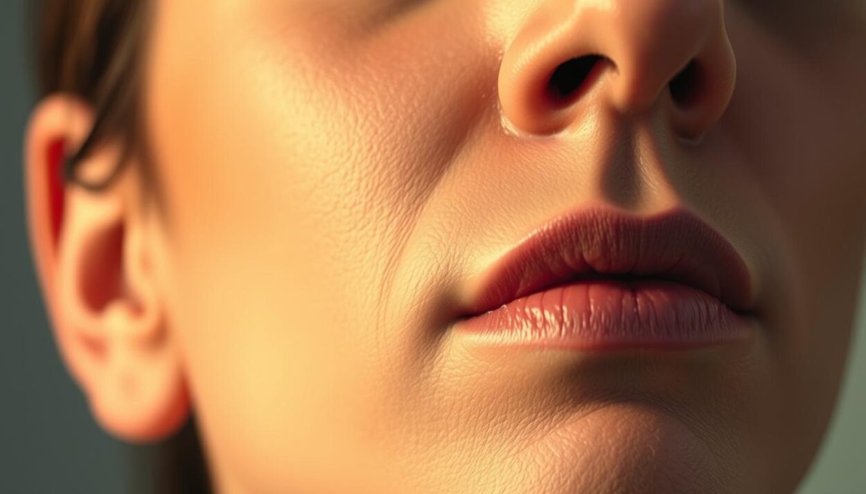 A close-up illustration of a human face with a focus on the cheek area, showcasing the causes of cheek twitching and facial muscle spasms. The skin texture should be realistic, with subtle imperfections and pores visible. The cheek muscles should be highlighted, with visible tension and contractions. Soft, warm lighting from the side to accentuate the facial features and shadows. A muted, slightly desaturated color palette to convey a clinical, medical aesthetic. The background should be neutral, blurred, and out of focus, drawing the viewer's attention to the detailed facial anatomy. The overall composition should be balanced and centered, allowing for a clear, unobstructed view of the cheek area.