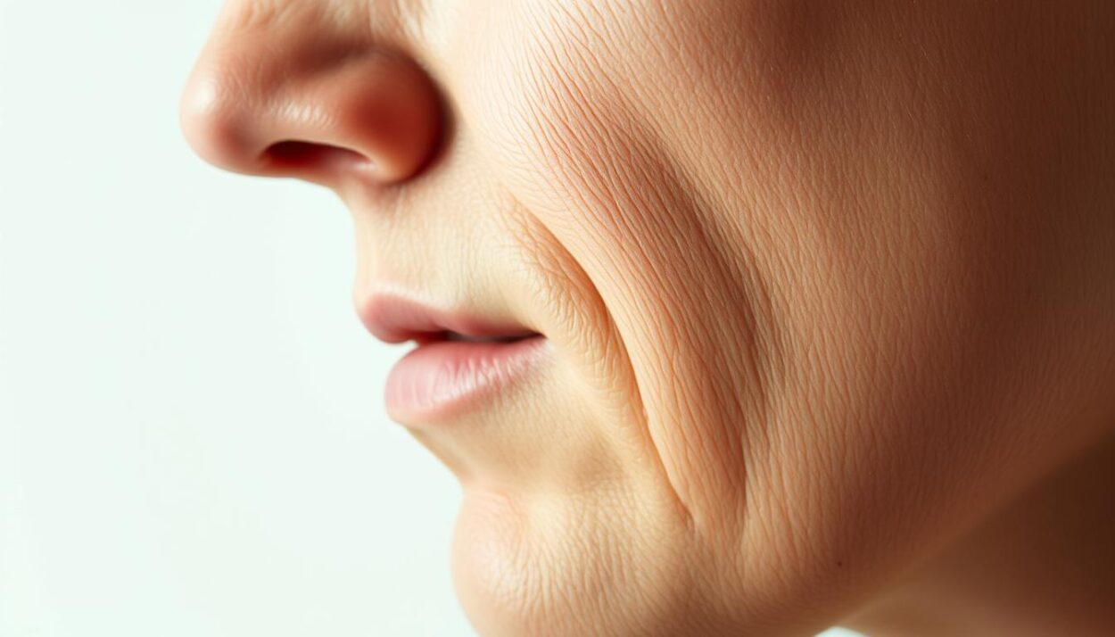 A close-up view of a human face, with the right cheek area prominently displayed. The skin appears tense and slightly contorted, showcasing the underlying muscle spasms and twitches. The lighting is soft and directional, casting gentle shadows that accentuate the facial contours. The focus is sharp, allowing for detailed observation of the subtle muscle movements and the resulting distortion of the skin's surface. The overall mood is one of clinical examination, with a neutral, diagnostic tone that invites the viewer to analyze the physiological factors contributing to the muscle spasm.