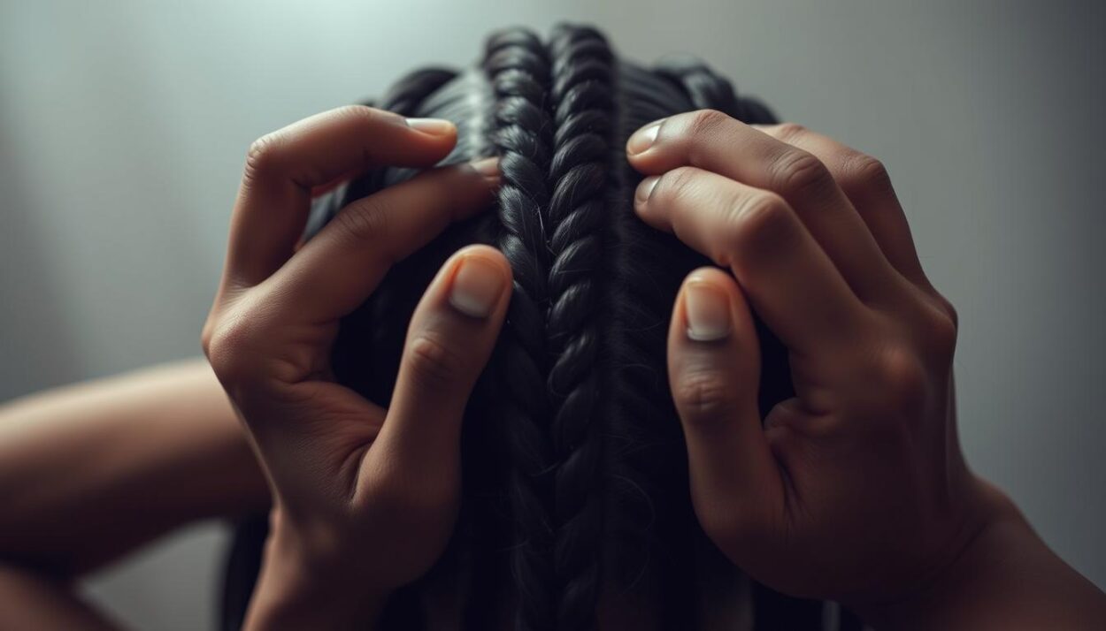 A close-up view of a person's hands carefully maintaining a twist braid hairstyle. The hands are gently separating and smoothing the individual strands, ensuring the braid remains tight and defined. The lighting is soft and diffused, creating a serene and intimate atmosphere. The background is blurred, keeping the focus on the intricate details of the braid and the delicate touch of the hands. The overall composition highlights the importance of proper maintenance for the longevity and health of the twist braid style.