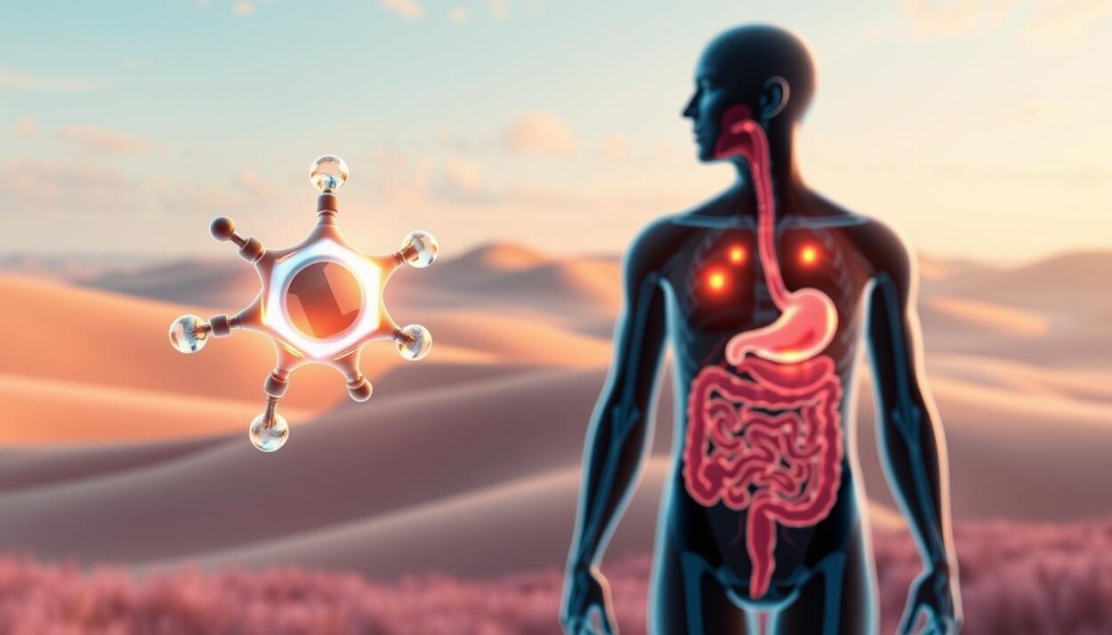 A colorful and detailed illustration showcasing the benefits of magnesium citrate on digestion. In the foreground, a transparent 3D model of a magnesium citrate molecule hovers, surrounded by glowing digestive system icons. In the middle ground, a cross-section of the human gastrointestinal tract is rendered in realistic anatomical detail, with highlighted areas indicating the laxative and gut-regulating effects of magnesium citrate. The background features a soothing, pastel-toned landscape with rolling hills and a calming sky, conveying the overall sense of improved digestive health and well-being. The lighting is soft and diffused, creating a serene, informative atmosphere. Rendered in a clean, modern style with a focus on technical accuracy and visual clarity.