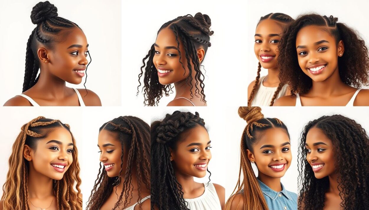A diverse collection of 29 cute hairstyles for girls, showcasing various hair types and textures. The models are captured in a bright, airy studio setting with soft, warm lighting that accentuates their natural features. The images depict a range of hairstyles, from intricate braids and intricate updos to simple, effortless styles, all presented in a visually appealing and aspirational manner. The models' expressions convey a sense of confidence and joy, inviting the viewer to explore the versatility of these hairstyles. The overall composition and styling create a harmonious, visually striking set of images to illustrate the section on 