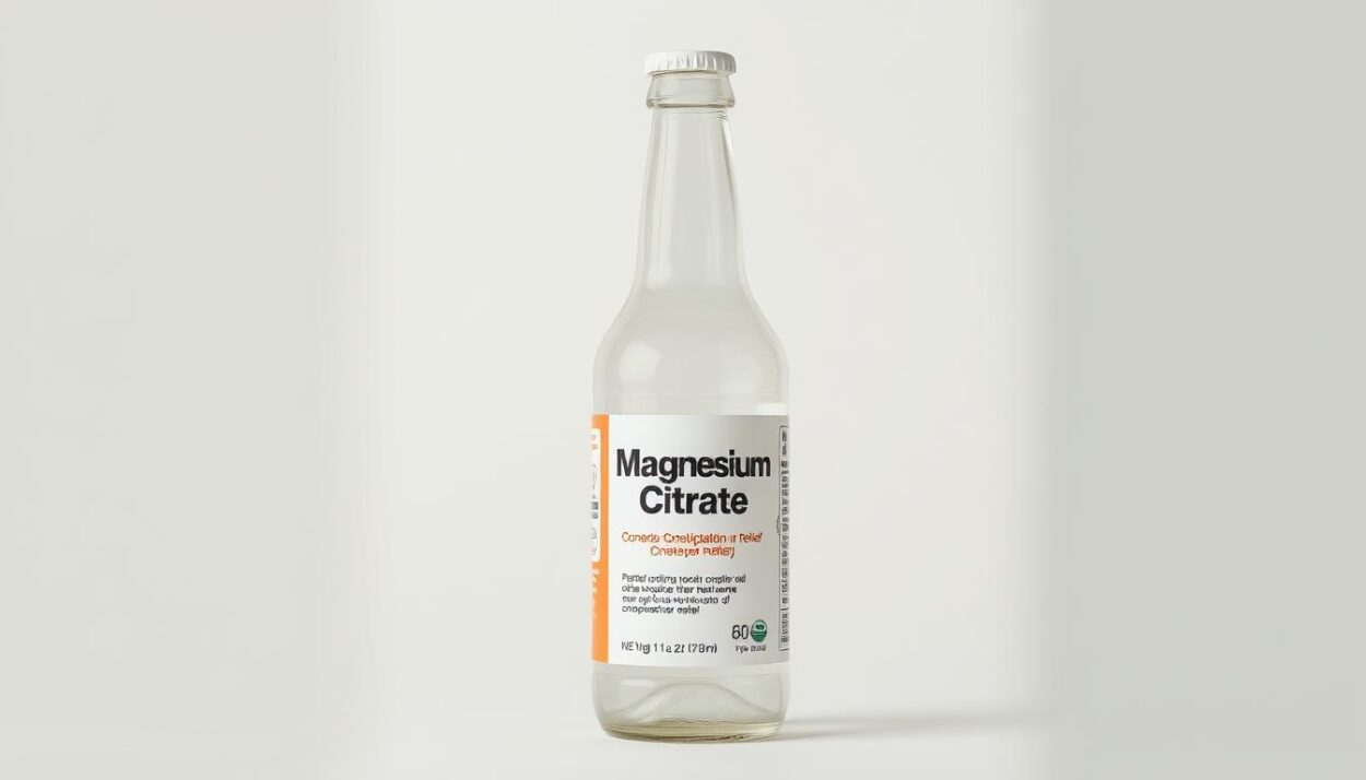 A glass bottle filled with clear liquid, labeled 