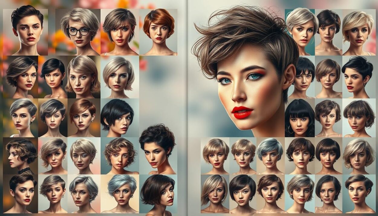 A high-quality magazine cover showcasing 33 diverse short hairstyles for women. The foreground features an artful grid layout of 33 detailed portraits, each displaying a distinct short haircut. The middle ground has a softly blurred but vibrant background, with hints of natural textures and colors. The overall mood is one of elegance, sophistication, and beauty, with professional studio lighting accentuating the models' facial features and hairstyles. The image is captured with a sharp, high-resolution lens, offering a polished, editorial-style aesthetic suitable for a fashion or beauty magazine.