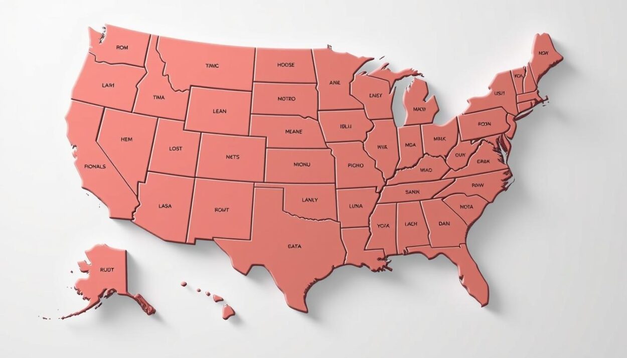 A large, detailed map of the United States, rendered in a clean, infographic style with realistic shading and depth. The map prominently displays the 50 states, with each state's size proportional to its projected 2025 GDP. The states are colored in a gradient from lightest to darkest, reflecting their relative economic rankings. The composition is balanced, with a sense of scale and geographic accuracy. The lighting is soft and natural, creating depth and emphasizing the dimensional qualities of the map. The overall tone is informative and authoritative, befitting a data visualization for an economic report.