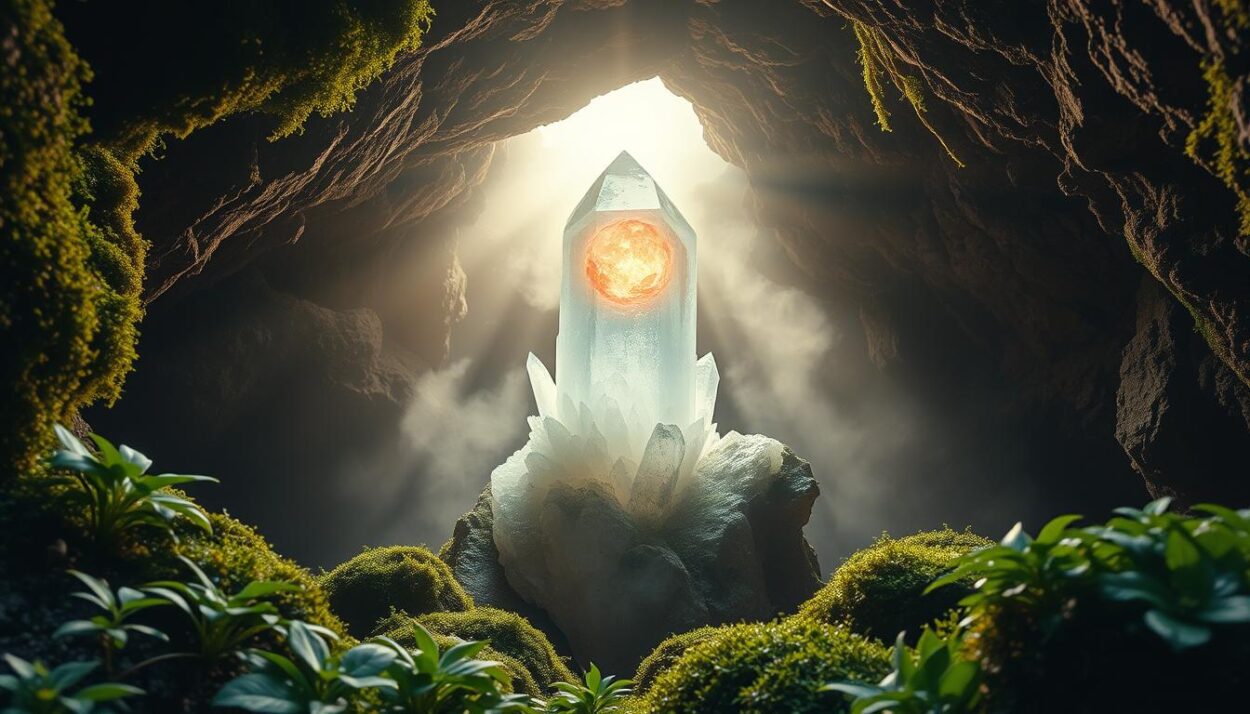 A serene crystal cave, illuminated by a warm, radiant glow emanating from a central orb of Ormus, a rare and mysterious mineral compound. In the foreground, lush foliage and verdant moss cling to the cave walls, hinting at the restorative powers of this natural wonder. The middle ground features a majestic quartz formation, its facets refracting the light to create a mesmerizing display. In the background, a faint mist adds to the sense of mysticism, while the overall composition conveys a calming, healing atmosphere. Captured with a wide-angle lens and soft, diffused lighting to showcase the mineral's tranquil allure.