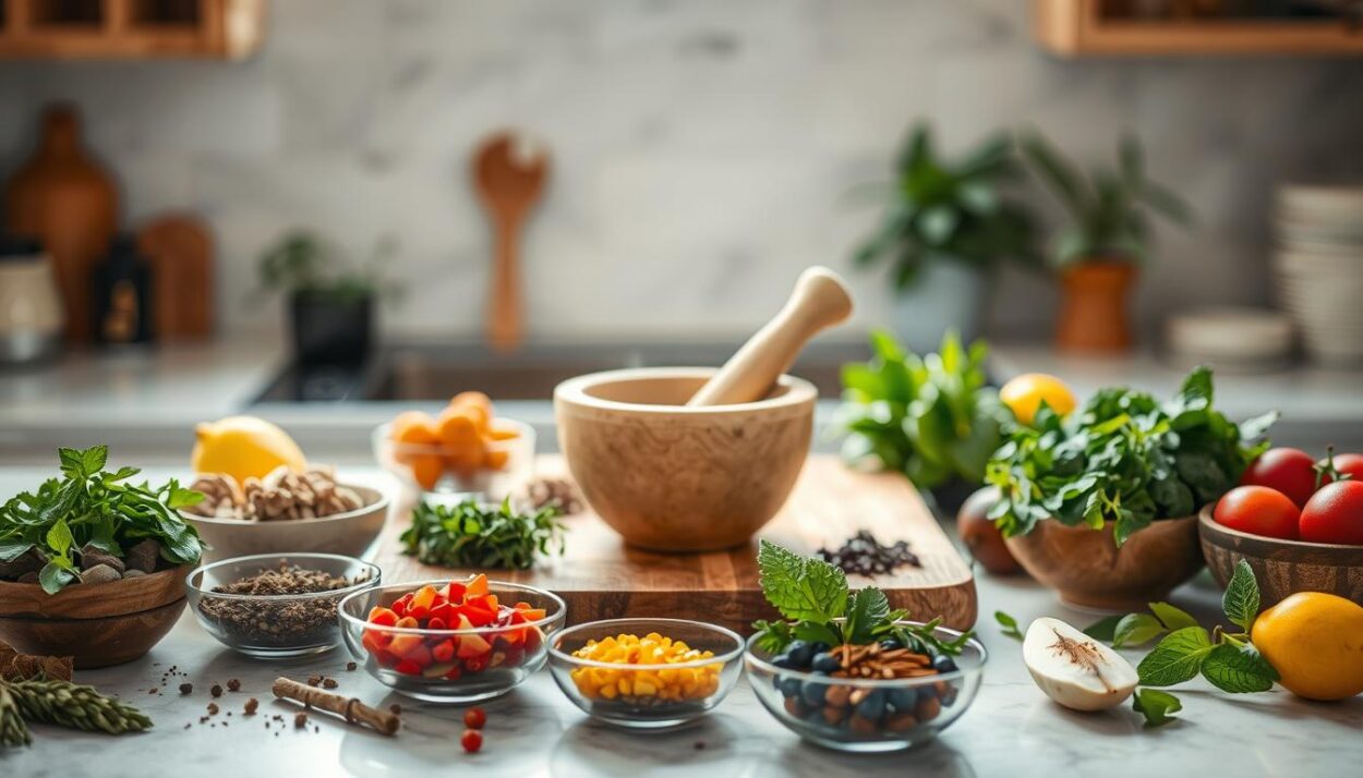 A serene, well-lit kitchen counter showcases an array of natural ingredients for homemade face masks. In the foreground, various organic bowls contain fragrant herbs, aromatic spices, and luscious fruits, hinting at their skin-nourishing properties. The middle ground features a clean, rustic wooden board, upon which rests a mortar and pestle, ready to grind and blend the nourishing components. The background is softly blurred, creating a sense of focus on the artfully arranged assortment of wholesome, skin-loving elements. The overall mood is one of tranquility and wellness, inviting the viewer to explore the possibilities of custom-crafted, natural face masks.