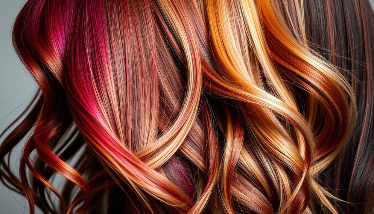 A stunning array of vibrant hair color ideas against a soft, blurred background. Captivating highlights in a variety of shades - from bold and fiery reds to sunkissed blondes and rich, deep browns. Smooth, healthy-looking strands with a natural, glossy finish are illuminated by warm, directional lighting that adds depth and dimension. The hair is styled in a flowing, effortless manner, creating an alluring and inspirational visual for the 