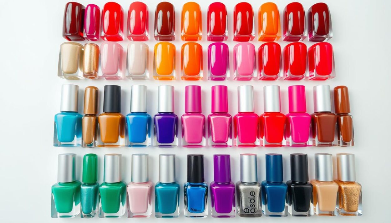 A stunning display of 61 vibrant nail polish colors arranged in a visually striking grid formation. The colors range from classic reds and pinks to bold, trendy hues like electric blue, deep emerald, and metallic gold. The nail polish bottles are displayed with crisp, clean lighting that highlights their glossy, high-quality finishes. The background is a clean, minimalist white that allows the colors to pop and creates a sense of elegance and sophistication. The image is shot from a slightly elevated angle, creating a sense of depth and perspective. The overall mood is one of modernity, trendiness, and a celebration of the diverse range of nail color options available in 2025.