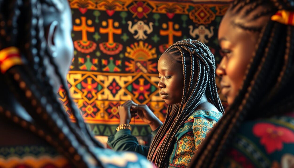 A stunningly detailed cultural portrait of African hair braiding traditions. In the foreground, a close-up of intricate braided hairstyles, showcasing the rich textures and ornate patterns. The middle ground features a serene scene of women braiding each other's hair, their faces alight with concentration and pride. In the background, a vibrant tapestry of vibrant colors, tribal motifs, and symbols reflecting the deep significance of this cultural practice. Soft, warm lighting illuminates the scene, casting a contemplative, reverent mood. Captured with a wide-angle lens to emphasize the sense of timeless tradition and community. This image powerfully conveys the profound cultural heritage and artistic excellence embodied in the art of African hair braiding.
