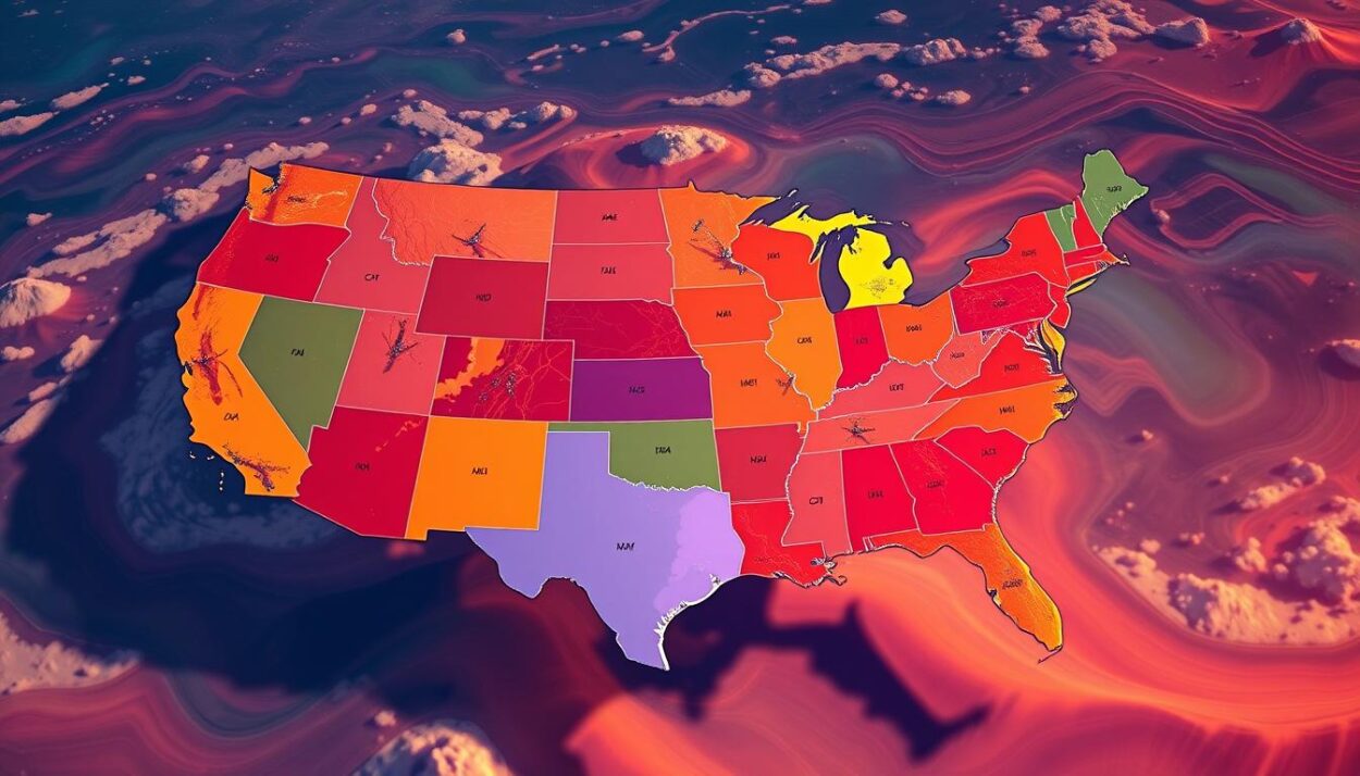 A sweeping aerial view of the United States, with each state represented by its distinct geographic shape and shading. The backdrop is a dynamic, data-driven visualization, illustrating the dramatic fluctuations in state-level GDP during the pandemic era. Vibrant colors and fluid lines depict the uneven economic recovery, some states thriving while others struggle. The scene conveys a sense of uncertainty and resilience, as the nation grapples with the lasting impacts of a global health crisis. Rendered in a photorealistic style, with a cinematic depth of field and nuanced lighting that evokes the weight of the economic challenges faced.