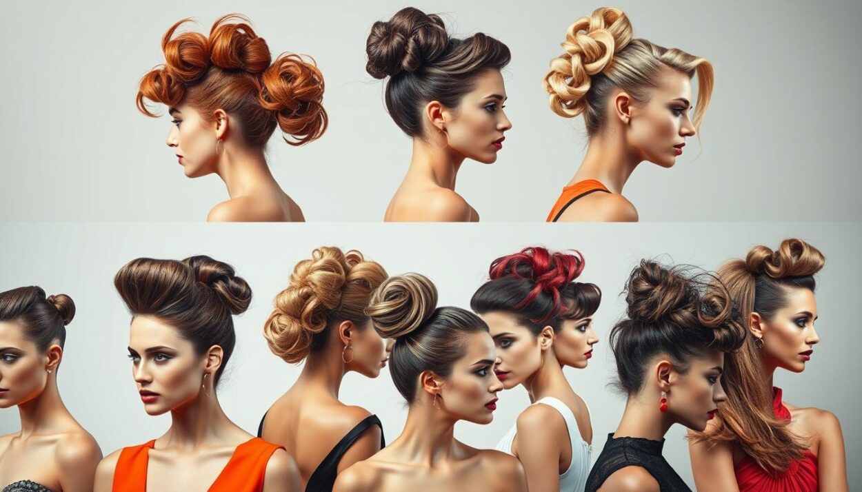 A vibrant and stylish collection of trendy hairstyles for various occasions, captured in a high-resolution, studio-quality photograph. The foreground features a diverse range of models showcasing the latest hairstyling trends, from sleek and sophisticated updos to playful, textured looks. The middle ground highlights the intricate details and artistry of each hairstyle, with a focus on lighting and shadow to accentuate the dimension and movement. The background is a subtly blurred, neutral setting that allows the hairstyles to take center stage, creating a visually striking and aspirational image that inspires the viewer to explore new, fashionable ways to express their personal style.