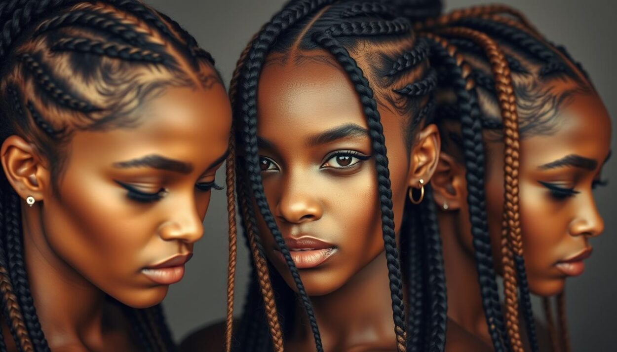 A vibrant and stylized depiction of contemporary braided hairstyles, showcasing a diverse range of textures, lengths, and styling techniques. The image features a close-up, medium-shot perspective, with the subject's head and shoulders filling the frame. Soft, directional lighting illuminates the intricate braids, creating depth and highlights the shape and movement of the styles. The background is blurred and muted, allowing the hairstyles to be the primary focus. The overall mood is modern, fashion-forward, and aspirational, capturing the essence of trendy, versatile braided hair designs for different hair types.