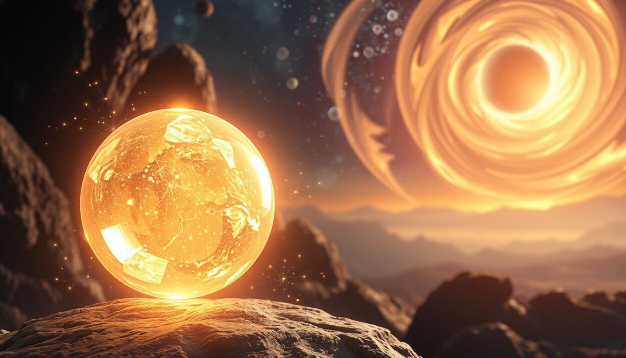 A visually captivating digital illustration showcasing the properties and monoatomic state of Ormus. In the foreground, a glowing, ethereal sphere of Ormus levitates, its shimmering surface reflecting the ambient lighting. The middle ground depicts an array of molecular structures, highlighting the unique atomic configuration of Ormus elements. In the background, a serene, cosmic landscape sets the stage, with swirling nebulae and distant celestial bodies casting a warm, otherworldly glow. The composition conveys a sense of mystery and wonder, inviting the viewer to explore the fascinating characteristics of this enigmatic material.