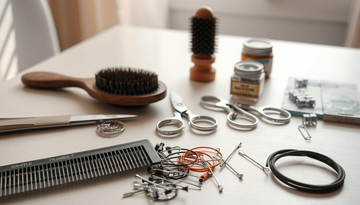 A well-lit and organized tabletop displays an assortment of essential tools for braiding hair. In the foreground, a comb, hairpins, and hair ties create a neat arrangement. In the middle ground, a pair of sharp scissors and a bristle brush stand ready for precise trimming and smoothing. In the background, a small jar of hair pomade and a pack of hair clips suggest the finishing touches. The scene is bathed in a soft, natural light, creating a calming and inviting atmosphere, perfect for prepping the hair for a stylish plait.