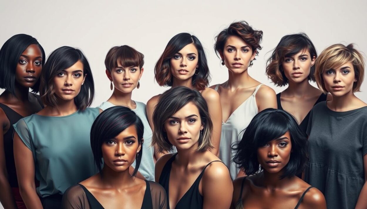 A well-lit studio photo shoot showcasing a variety of popular short hairstyles for women. The foreground features a diverse group of female models with various hair lengths, textures, and styles - from sleek bobs and pixie cuts to edgy shags and textured lobs. The models are posed in natural, relaxed positions, showcasing the versatility and flattering nature of these chic, low-maintenance haircuts. The middle ground has a clean, minimal background, allowing the focus to remain on the models' faces and hair. Soft, even lighting creates a warm, inviting atmosphere, highlighting the models' features and the dimension of their hairstyles. The overall aesthetic is professional, stylish, and representative of the latest short haircut trends for modern women.