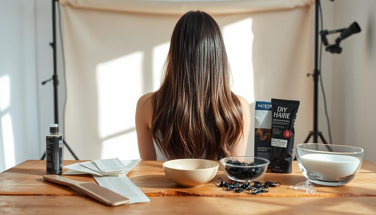 A well-lit studio setting, with a wooden table in the foreground showcasing various hair care products and tools - a comb, highlighting foils, hair clips, and a bowl of hair dye. In the middle ground, a female model with medium-length, dark hair stands facing the camera, her hair sections strategically highlighted. The background is a soft, neutral-toned backdrop, illuminated by a combination of natural and diffused studio lighting, creating a warm, inviting atmosphere suitable for a DIY hair tutorial.