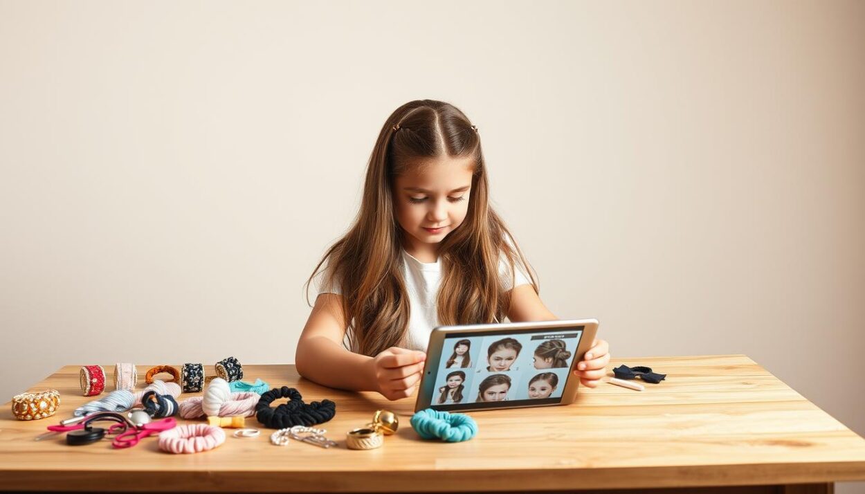 A well-lit studio setting with a wooden table or countertop against a neutral background. On the table, an assortment of hair accessories like scrunchies, ribbons, clips, and braiding tools. A young girl with long, flowing hair sitting in the foreground, examining different hairstyle tutorials on a tablet. Her expression is focused and engaged as she experiments with various DIY hairstyles, showcasing the simplicity and versatility of these looks. The lighting is soft and natural, creating a warm, inviting atmosphere that encourages the viewer to be creative and try the styles themselves.