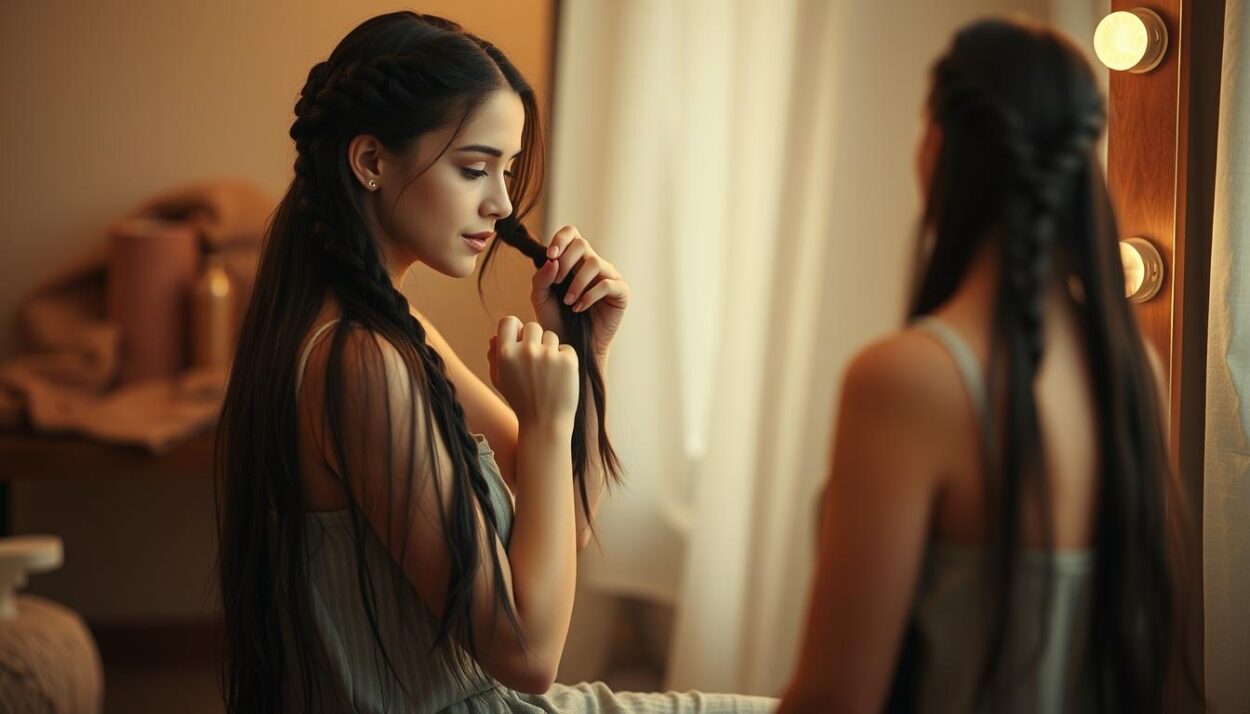 A young woman with long, dark hair is sitting on a stool, carefully twisting and braiding her hair in front of a large mirror. The lighting is soft and warm, creating a cozy, intimate atmosphere. The background is blurred, keeping the focus on the woman's hands and her face, which is in a serene, focused expression as she works on achieving the perfect twist braids. The camera angle is slightly elevated, giving a clear view of the process. The image conveys a sense of effortless beauty and skill in the art of hairstyling.