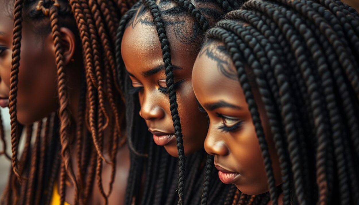 Detailed close-up of beautifully intricate and diverse African hair braiding styles, showcasing a range of cornrows, box braids, Senegalese twists, and other traditional braiding techniques. Vibrant, natural lighting highlights the texture, sheen, and artistic flair of the hairstyles, with a soft, diffused background that emphasizes the subject. Captured at a medium angle to provide an immersive, gallery-worthy perspective. The overall mood is one of cultural celebration, showcasing the rich heritage and skill of African hair braiding.