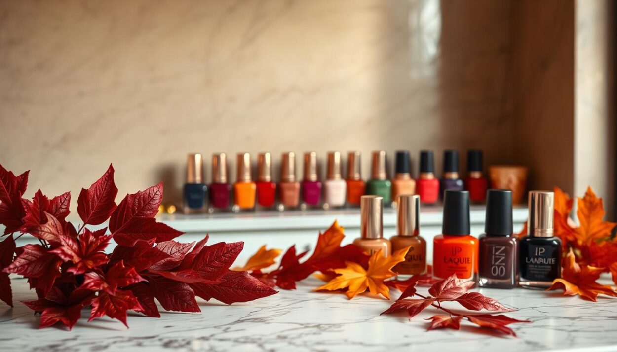 Intricately detailed fall nail color palette in a elegant, sophisticated composition. Foreground features an array of autumnal hues - deep burgundies, rich plums, shimmering coppers, and vibrant oranges - artfully arranged on a marble countertop. Middle ground showcases an assortment of nail polish bottles in complementary tones, their metallic caps reflecting the warm lighting. Background depicts a softly blurred, textured wall in muted tones, creating a sense of depth and high-end ambiance. Warm, flattering lighting gently illuminates the scene, casting subtle shadows and highlights. Composition is balanced, color palette is harmonious, and the overall mood is one of refined, seasonal style.
