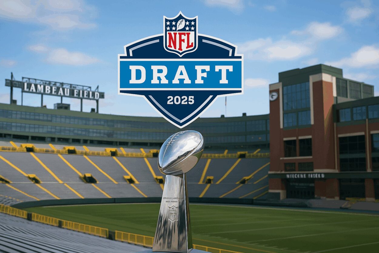 NFL trophy in the middle of the picture with NFL Draft written above while the Lambeau Field Stadium is in the background