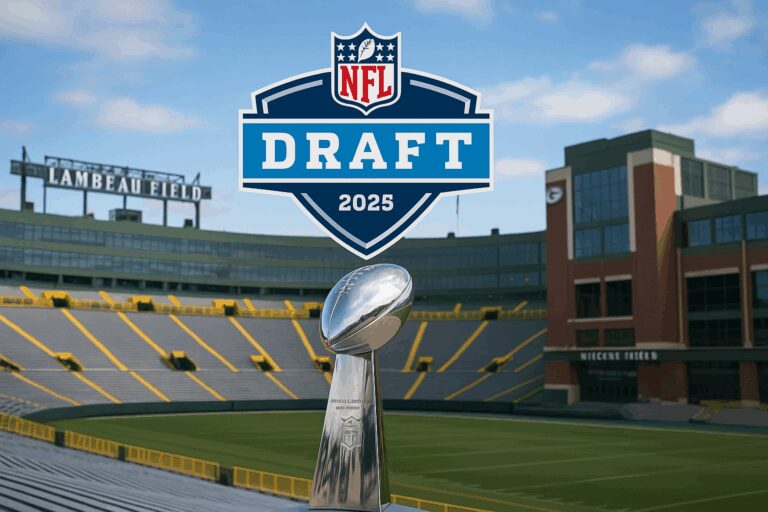 NFL trophy in the middle of the picture with NFL Draft written above while the Lambeau Field Stadium is in the background