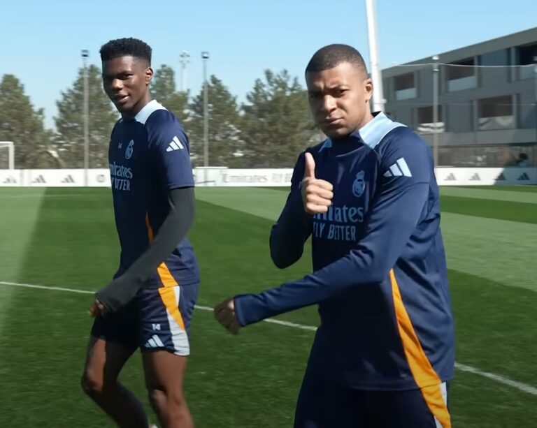 Real Mardrid's Kylian Mbappe before Real Madrid vs Arsenal second leg match in UEFA Champions League