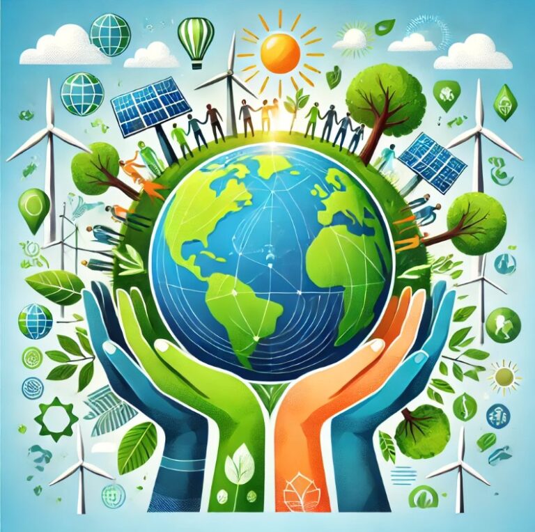 A symbolic illustration of Earth Day featuring a green and blue planet Earth held gently by diverse human hands, surrounded by renewable energy icons