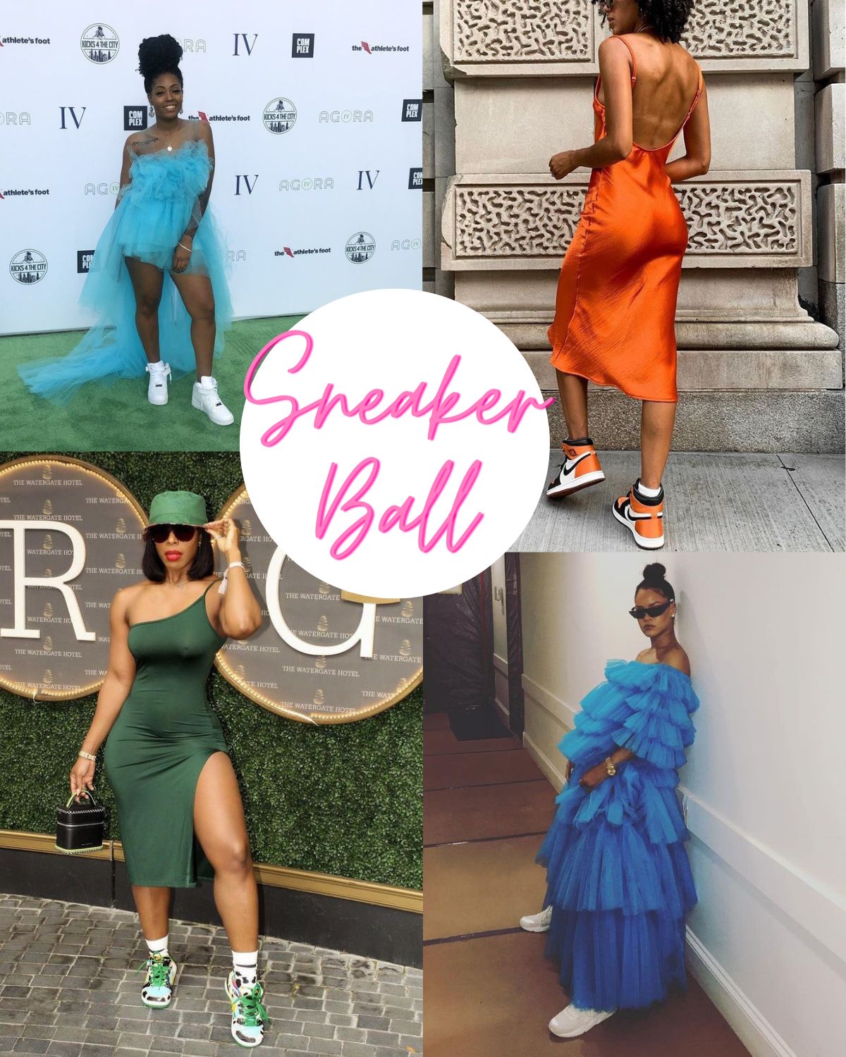 Four girls wearing nice dresses and sneakers