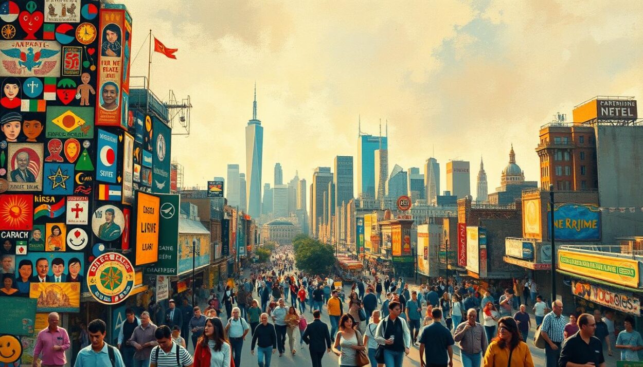 A bustling city skyline, capturing the vibrant diversity of its inhabitants. In the foreground, a collage of vibrant icons representing various ethnicities, religions, and cultures - symbols of the city's rich tapestry. The middle ground features a wide, bustling street, with people of all walks of life mingling and interacting, creating a dynamic, energetic scene. In the background, towering skyscrapers and landmarks, illuminated by warm, golden light, reflecting the city's economic and social prosperity. The overall atmosphere conveys a sense of harmony, progress, and celebration of the city's multifaceted identity.