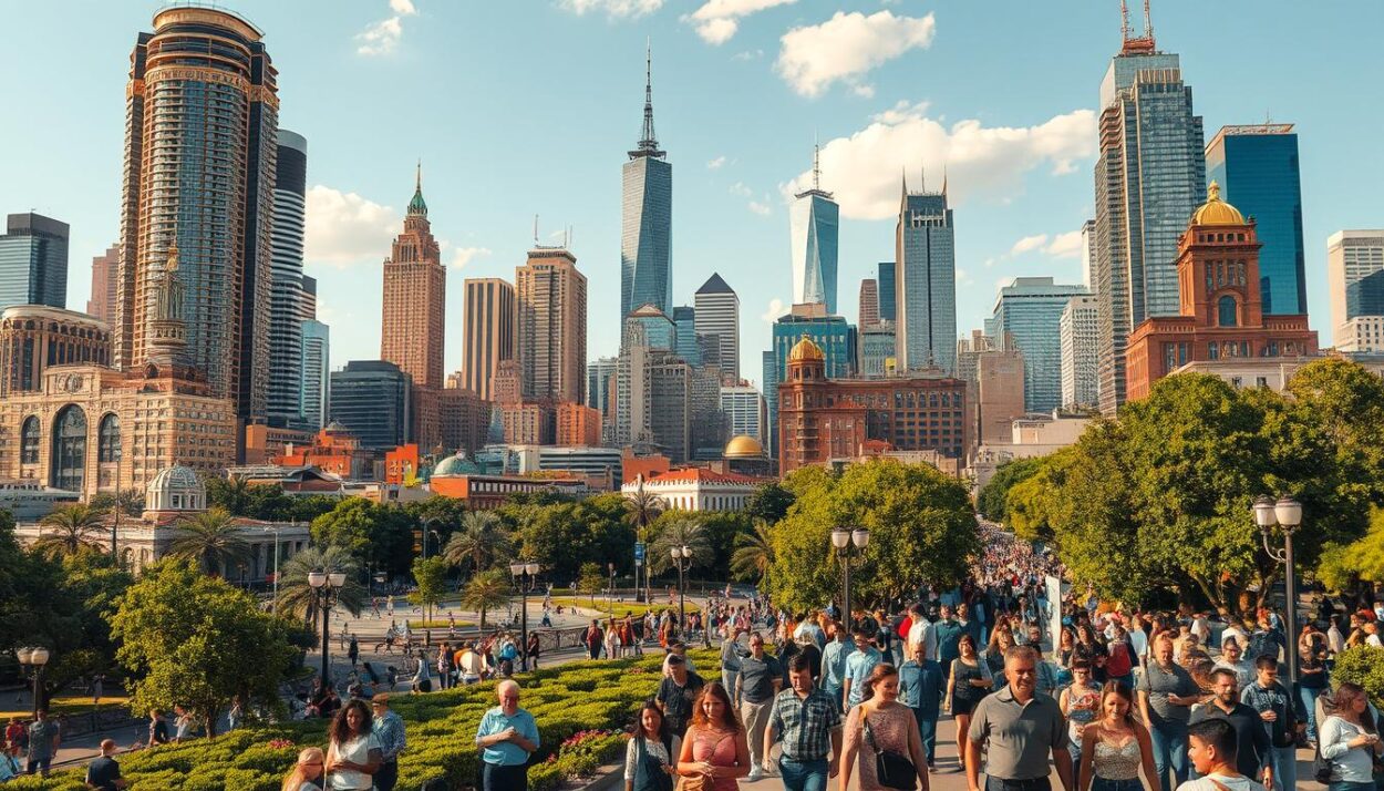A bustling city skyline reflects the vibrant diversity of its inhabitants. Towering high-rises stand tall, their facades adorned with a kaleidoscope of architectural styles, each one a testament to the cultural richness of the metropolis. In the foreground, pedestrians of all ages and ethnicities mingle on busy streets, their lively conversations and laughter weaving a tapestry of global perspectives. Verdant parks and plazas provide gathering spaces, where people of diverse backgrounds come together to share traditions, music, and cuisine. Warm afternoon sunlight bathes the scene, casting a golden glow that accentuates the harmonious coexistence of various nationalities, religions, and lifestyles - a true celebration of the most multicultural cities in the United States.