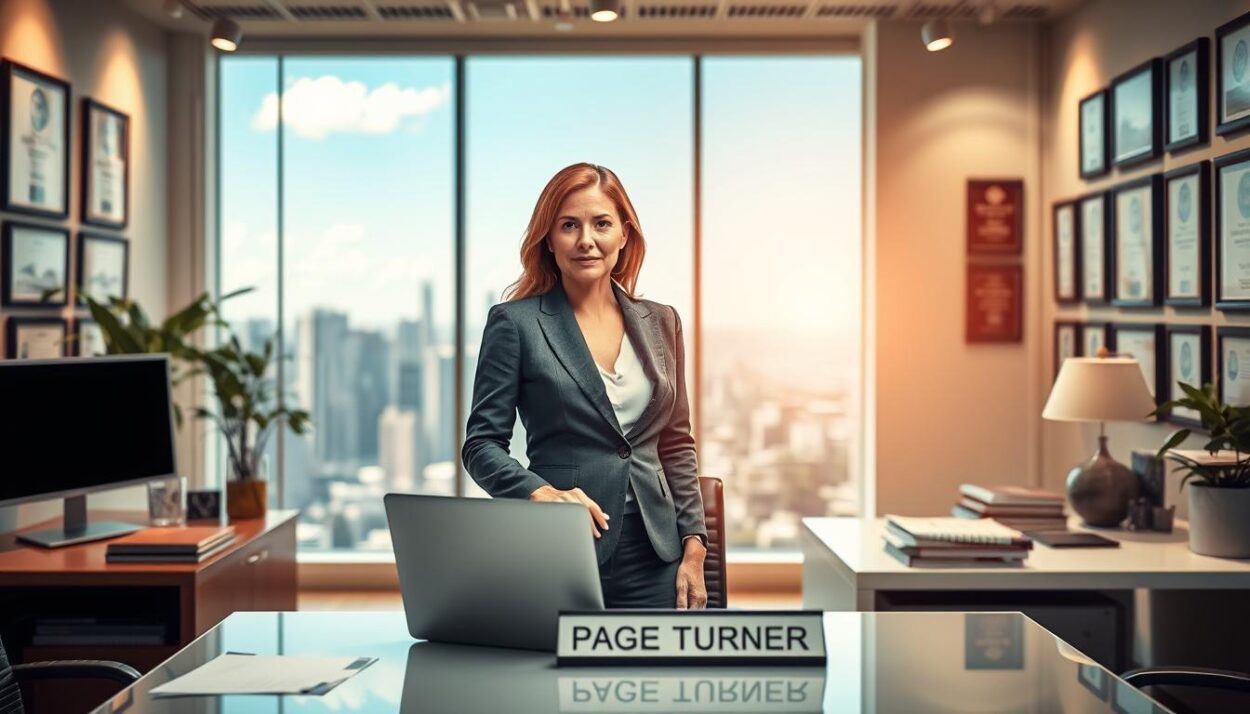A bustling real estate office, with a woman named Page Turner standing at the center, dressed in a crisp suit, her eyes alight with determination. The foreground features a sleek, modern desk adorned with a laptop, a stack of documents, and a name plate bearing her title. The middle ground showcases a wall of framed awards and accolades, highlighting her impressive career achievements. The background reveals a panoramic view of a thriving city skyline, hinting at the scope of her real estate ventures. Warm, directional lighting casts a professional, yet inviting atmosphere, capturing the essence of Page Turner's successful real estate career.
