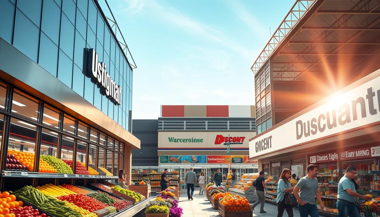 A bustling regional grocery store landscape, with prominent chains and local independents vying for market share. In the foreground, a sleek modern supermarket with large windows showcasing its vibrant produce section. In the middle ground, a family-owned ethnic grocery store with colorful signage and a crowd of shoppers. In the background, a warehouse-style discount grocer with its signature bold branding. Bright sunlight streams in, casting long shadows and creating a sense of dynamic competition. The overall scene conveys the diversity and intensity of the US grocery market, where regional advantages and local specialties shape the retail landscape.