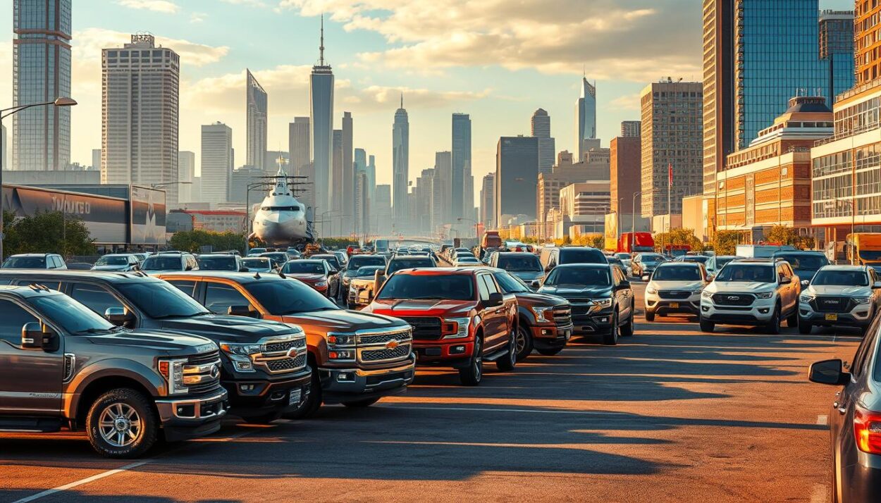 A bustling urban landscape in 2025, featuring a variety of the latest and most popular pickup trucks lining the streets. In the foreground, a group of sleek, aerodynamic trucks with bold, futuristic designs stand out, their chrome accents gleaming under the warm, golden-hour lighting. In the middle ground, a mix of rugged, off-road-ready models and technologically advanced, eco-friendly electric trucks fill the scene, creating a diverse and dynamic display. The background is dominated by a skyline of towering skyscrapers and gleaming high-rises, hinting at the rapid technological and economic advancements that have shaped the automotive industry in the years to come. The overall atmosphere conveys a sense of progress, innovation, and the ever-evolving nature of the American truck market.