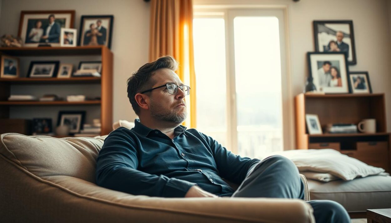 A candid snapshot of Mark Benton's personal life, captured in a cozy, well-lit living room setting. In the foreground, Benton is seated comfortably on a plush armchair, lost in thought as he gazes pensively out a large window, the warm glow of the afternoon sun illuminating his contemplative expression. Behind him, the room is tastefully furnished with mid-century modern decor, hinting at Benton's refined aesthetic. Framed family photographs and carefully curated trinkets adorn the shelves, providing glimpses into the actor's private world and close-knit relationships. The overall mood is one of tranquility and introspection, inviting the viewer to step into Benton's personal sanctuary and gain a deeper understanding of the man behind the on-screen persona.