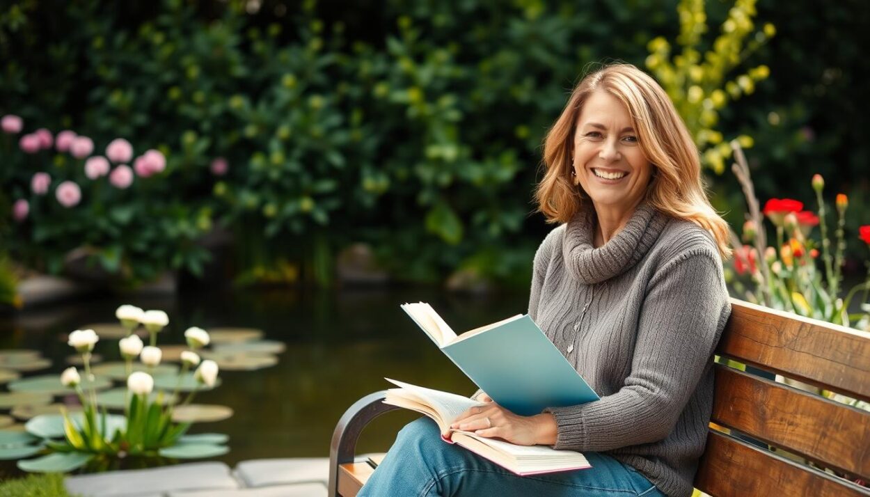 A cheerful and casual portrait of HGTV personality Page Turner in her personal life. The foreground features Page seated outdoors on a wooden bench, holding an open book and smiling warmly. She wears a cozy sweater and relaxed jeans, conveying a sense of comfort and contentment. The middle ground includes a lush, verdant garden backdrop with blooming flowers and a tranquil pond. Soft, natural lighting filters through the scene, creating a pleasant, inviting ambiance. The overall composition and mood evoke a serene, leisurely moment in Page's personal time away from the spotlight.