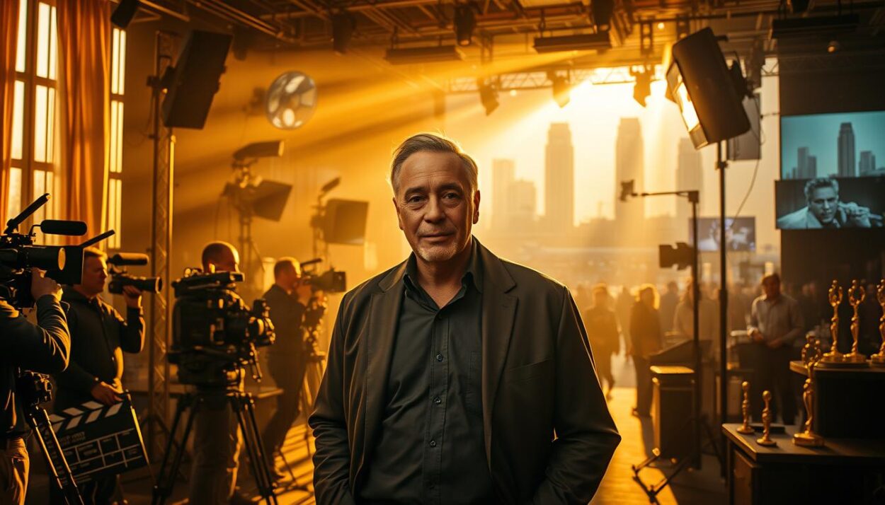 A cinematic scene of Thomas Payton's illustrious film career. In the foreground, Payton stands confidently on a film set, surrounded by a skilled crew operating cameras and lighting equipment. Rays of warm, natural light filter through the windows, casting a golden glow over the scene. In the middle ground, a montage of film reels, clapperboards, and award statuettes suggest his many acclaimed projects and accolades. The background features a backdrop of towering soundstages and the bustling energy of a thriving movie production. The overall atmosphere evokes a sense of Payton's passion, dedication, and enduring legacy in the world of cinema.