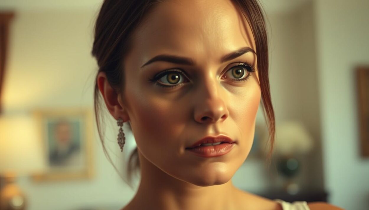 A close-up headshot of American actress Christina Ricci, illuminated by warm, soft lighting. She is captured in a serene, contemplative expression, her piercing gaze directed off-camera. The background is a blurred, elegant living room setting, hinting at the refined and polished nature of her television career. The composition is carefully balanced, drawing the viewer's attention to Ricci's striking facial features and the poise she exudes. The overall mood is one of sophistication and professional accomplishment, reflecting the confidence and versatility she has demonstrated throughout her television work.
