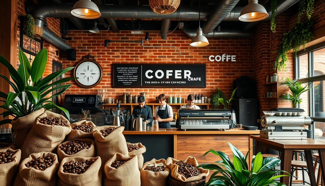 A cozy coffee shop interior with warm lighting and a rustic, inviting ambiance. In the foreground, a display of freshly roasted coffee beans in burlap sacks and artisanal brewing equipment. In the middle ground, baristas in crisp uniforms preparing specialty drinks behind a sleek, wooden counter. The background features exposed brick walls adorned with minimalist signage showcasing the coffee brand's logo and ethos. Lush, green plants and natural wood accents create a harmonious, eco-friendly atmosphere. The overall scene evokes a sense of craft, quality, and the growing enthusiasm for emerging American coffee roasters.