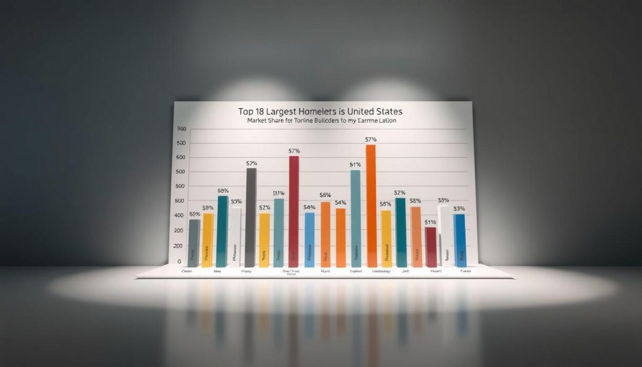 A detailed bar chart showcasing the market share of the top 18 largest home builders in the United States, set against a minimalist background with muted colors. The chart is displayed in a clean, modern style, with clear labeling and data visualization highlighting the relative size and prominence of each major player in the industry. The scene is illuminated by soft, directional lighting, creating depth and emphasizing the key information. The camera angle is slightly elevated, providing an overview perspective that captures the entirety of the data visualization. The overall mood is professional, data-driven, and reflective of the authoritative nature of the industry report.