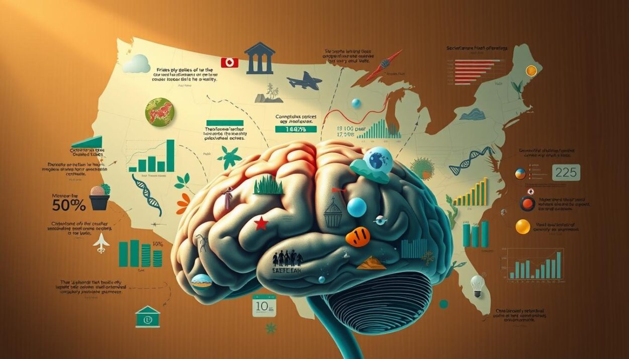 A detailed cutaway illustration showcasing the key factors influencing IQ scores across US states. Set in a warm, natural lighting, the scene depicts a brain cross-section in the foreground, with various socioeconomic, genetic, and environmental elements surrounding it. In the middle ground, data visualizations and charts illustrate the statistical relationships between these factors and IQ. The background features an abstract topographical map of the United States, highlighting regional variations. The overall composition conveys a sense of depth, visual interest, and scientific analysis, complementing the article's focus on understanding the multifaceted drivers of state-level IQ differences.