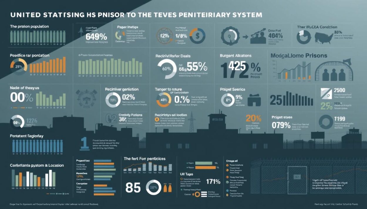 A detailed infographic showcasing key statistics on the United States penitentiary system. Presented in a clean, minimalist style with a mix of data visualizations and iconography. The foreground features various charts, graphs, and infographic elements depicting prison population, recidivism rates, budget allocations, and other relevant metrics. The middle ground includes silhouettes of prison buildings and security fencing, conveying a sense of scale and scope. The background is a muted, institutional palette of grays and blues, evoking the somber, functional nature of the penitentiary system. Indirect lighting casts dramatic shadows, heightening the sense of gravity. The overall mood is informative and data-driven, inviting the viewer to critically examine the state of US prisons.