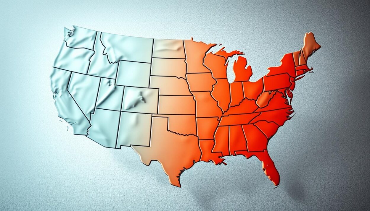 A detailed map of the United States, rendered in a realistic, data-driven style, showcasing the varying humidity levels across different states. The map occupies the central focus, with a muted color palette that emphasizes the geographic details. In the foreground, a subtle gradient overlay conveys the humidity levels, transitioning from cool blues in the drier regions to warm reds and oranges in the more humid areas. The background features a subtle textured pattern, evoking a sense of depth and dimensionality. The lighting is soft and diffused, creating a contemplative, information-rich atmosphere. The overall composition is balanced and visually appealing, making it an effective illustration for the article's 