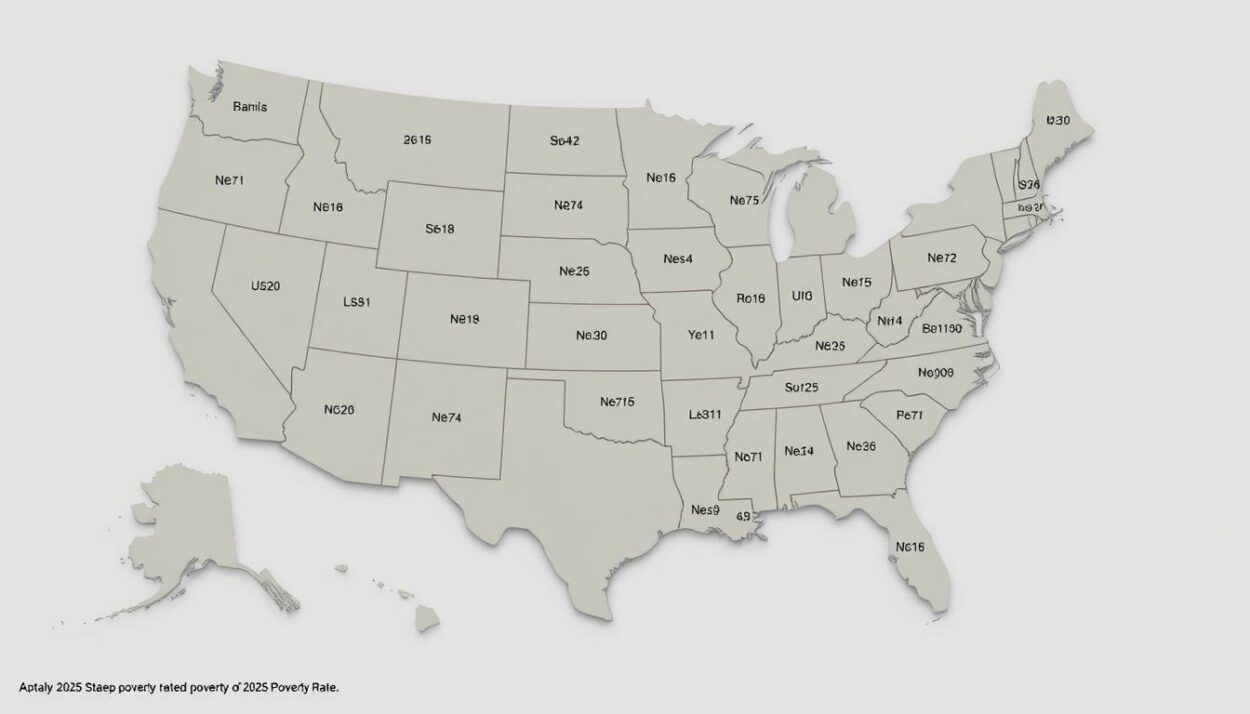 A detailed map of the United States, with each state's 2025 poverty rate prominently displayed in a clear, easy-to-read format. The map should have a muted, informative color palette, with the states shaded based on their respective poverty levels. In the foreground, a clean, data-driven visualization showcases the poverty rates, using a combination of colors, shading, and concise numerical annotations to convey the information clearly and effectively. The overall mood should be one of informative clarity, allowing the viewer to quickly and accurately understand the 2025 poverty landscape across the nation.