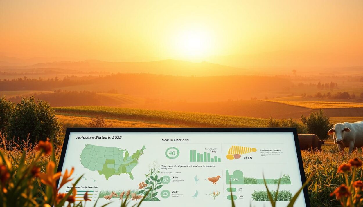 A detailed report on agricultural production in the United States in 2025, presented in a sleek, professional layout. The foreground features a clean, minimal infographic with key statistics and figures, displayed on a large, high-resolution screen. The middle ground showcases various crops and livestock, represented by detailed, realistic illustrations. The background depicts a lush, verdant landscape, with rolling hills, flourishing farmland, and a hazy, golden sunset illuminating the scene. The overall mood is one of optimism, progress, and a thriving agricultural industry, captured through a crisp, cinematic lens and balanced lighting.